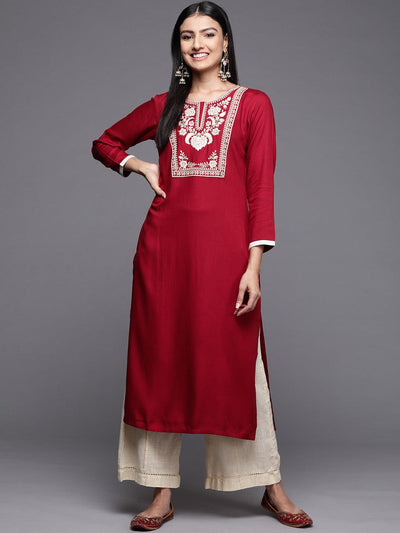 Red Embroidered Pashmina Wool Straight Kurta - Libas