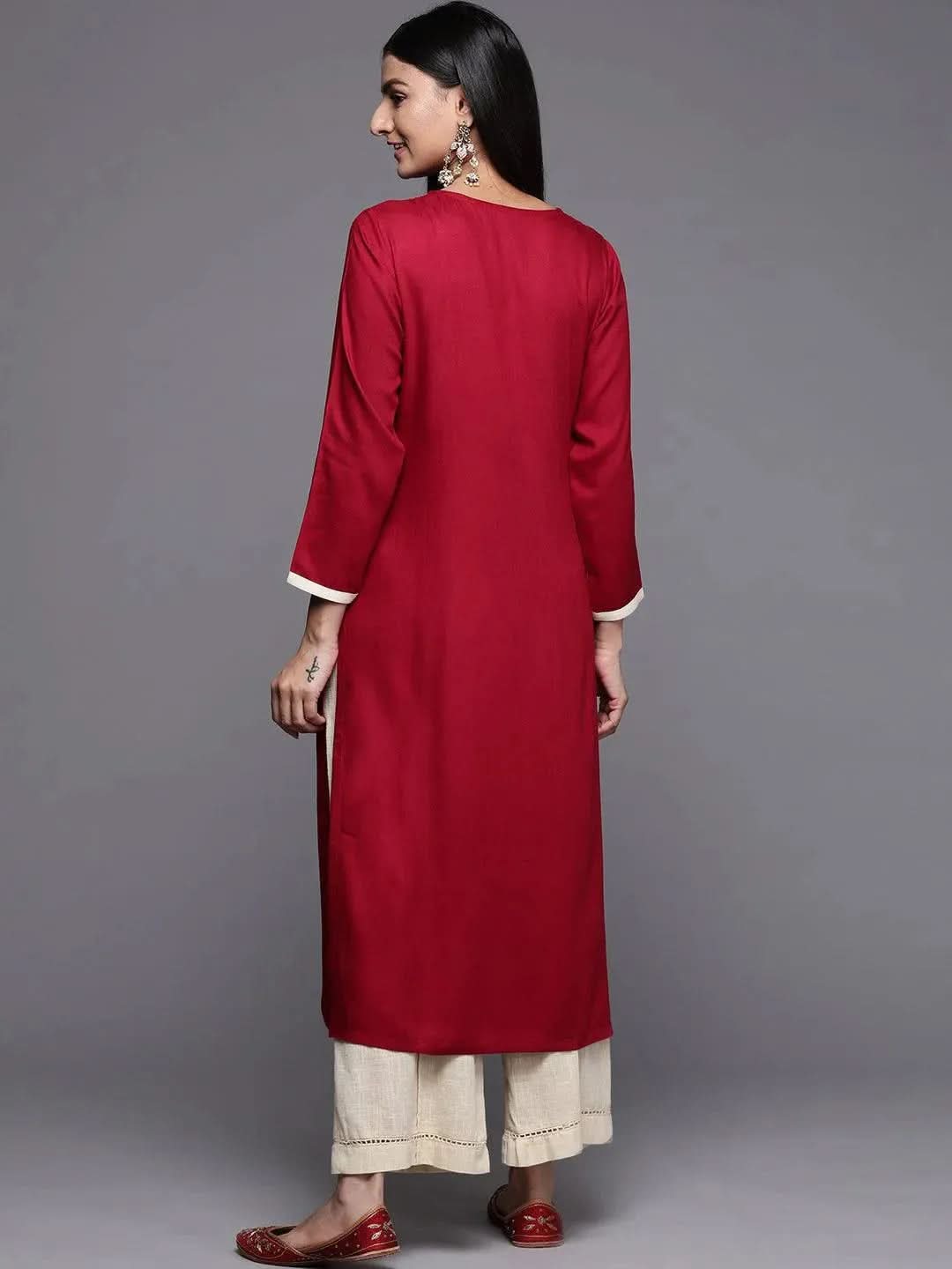 

Red Embroidered Pashmina Wool Straight Kurta