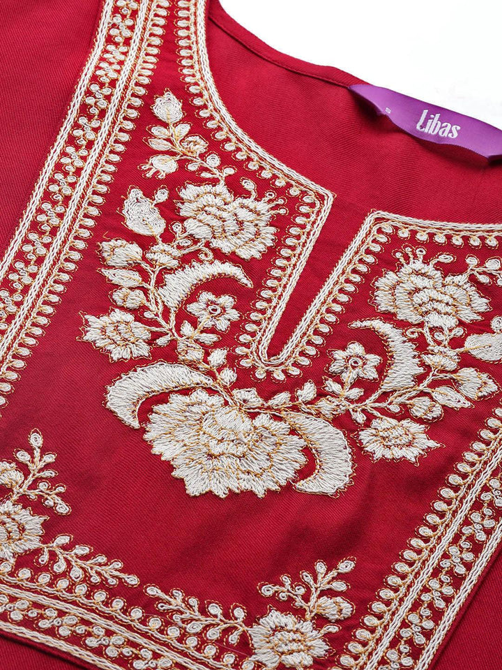 Red Embroidered Pashmina Wool Straight Kurta - Libas