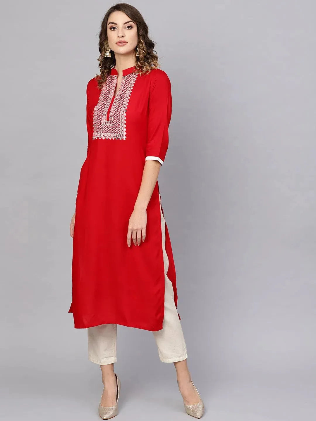 Red Embroidered Rayon Kurta - Libas