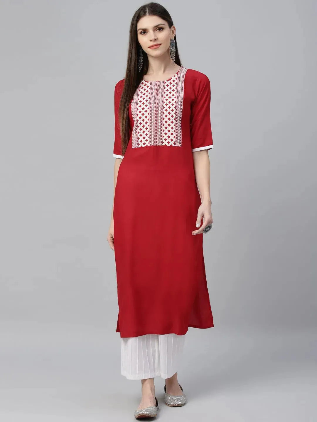 Red Embroidered Rayon Kurta - Libas