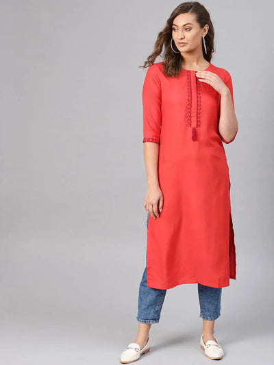 Red Embroidered Rayon Kurta - Libas