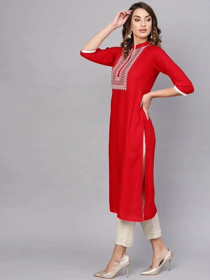 Red Embroidered Rayon Kurta - Libas