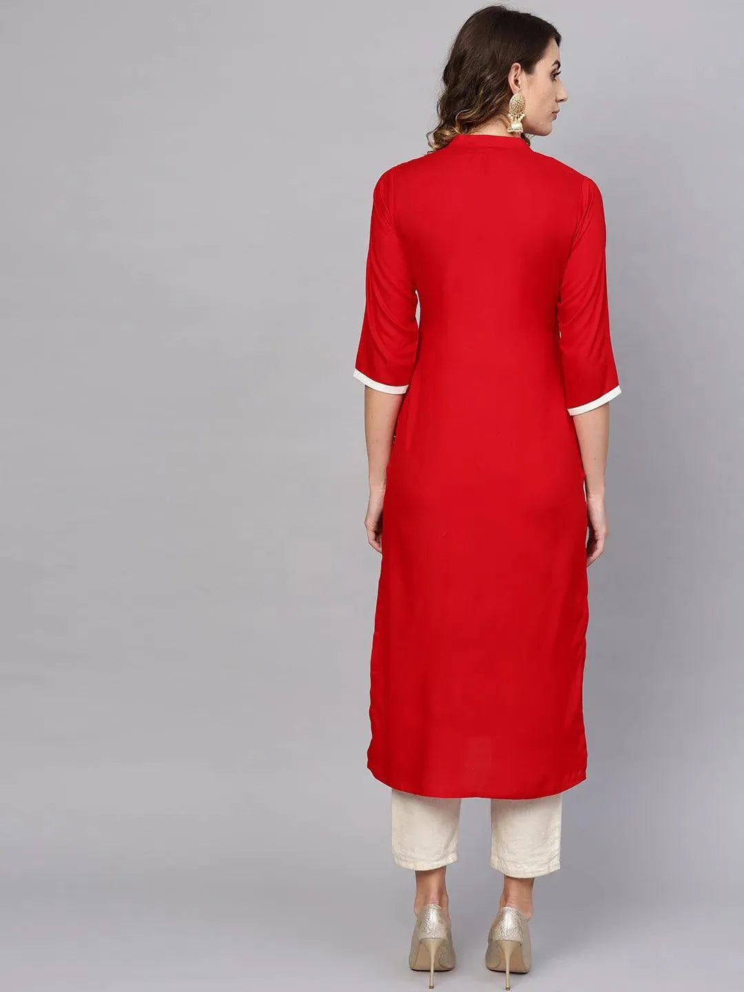 Red Embroidered Rayon Kurta - Libas 