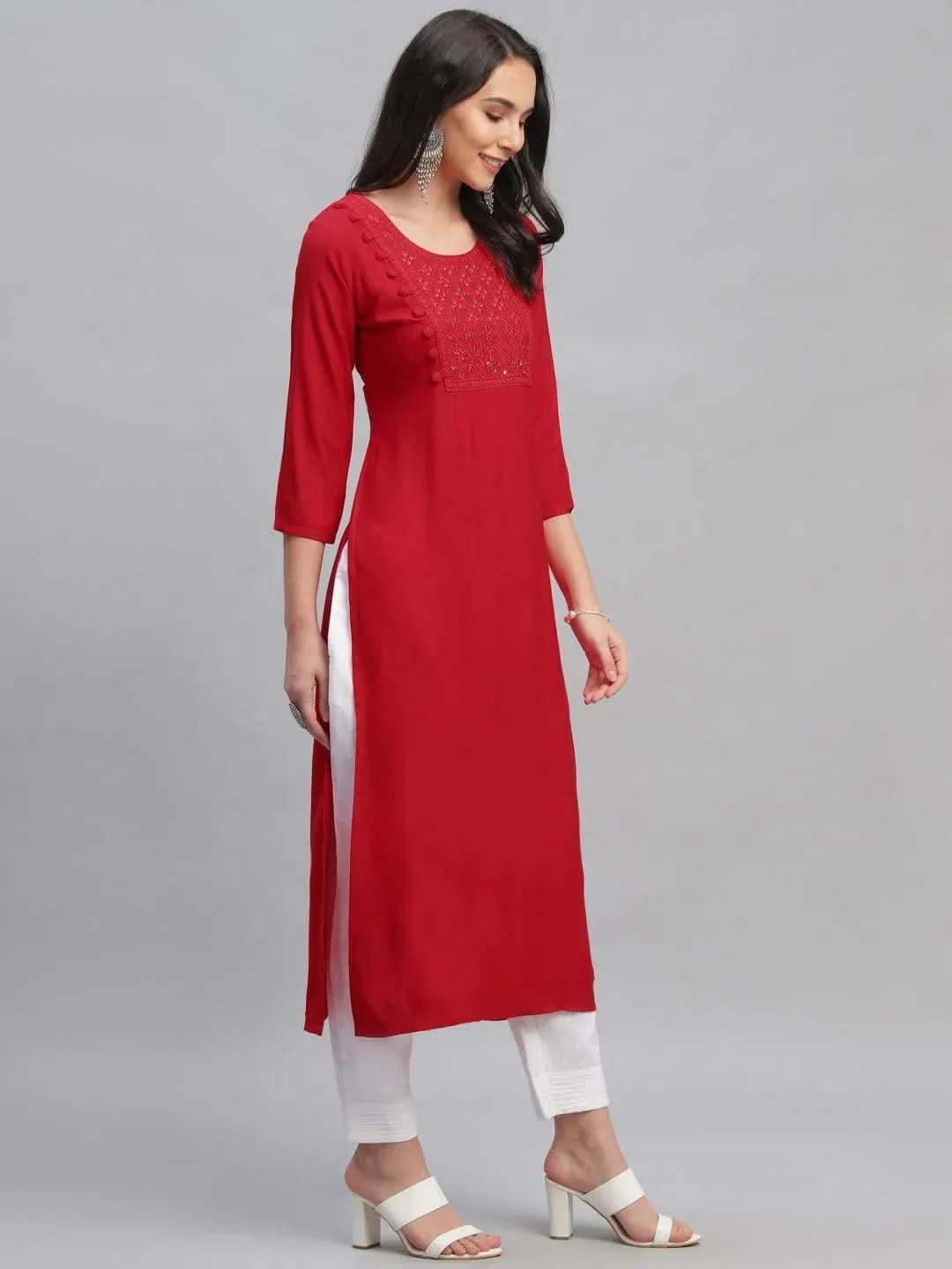 

Buy Red Embroidered Rayon Kurta - 9058F-XS | Libas Ethnic Wear Online