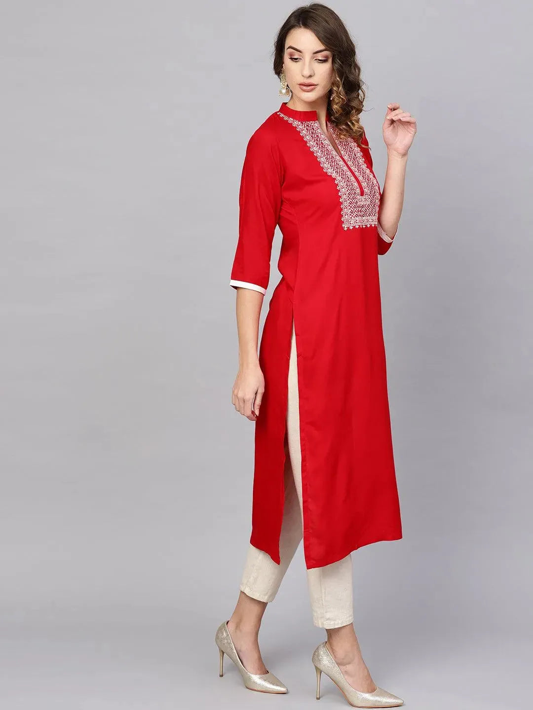 Red Embroidered Rayon Kurta - Libas 