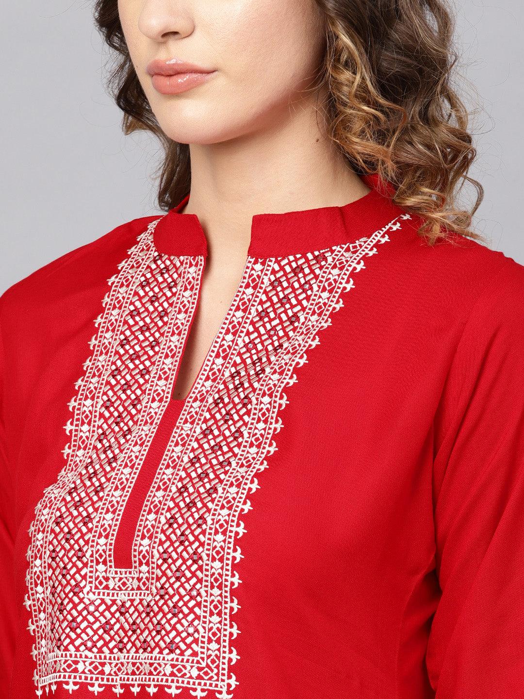 Red Embroidered Rayon Kurta