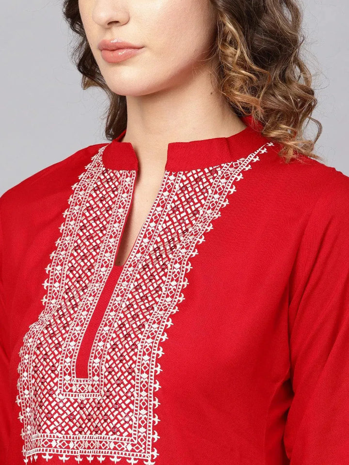 Red Embroidered Rayon Kurta - Libas