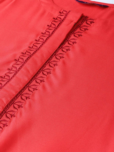 Red Embroidered Rayon Kurta - Libas