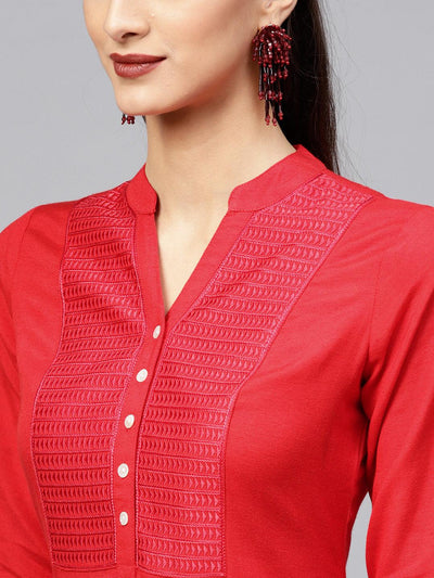 Red Embroidered Rayon Kurta - Libas