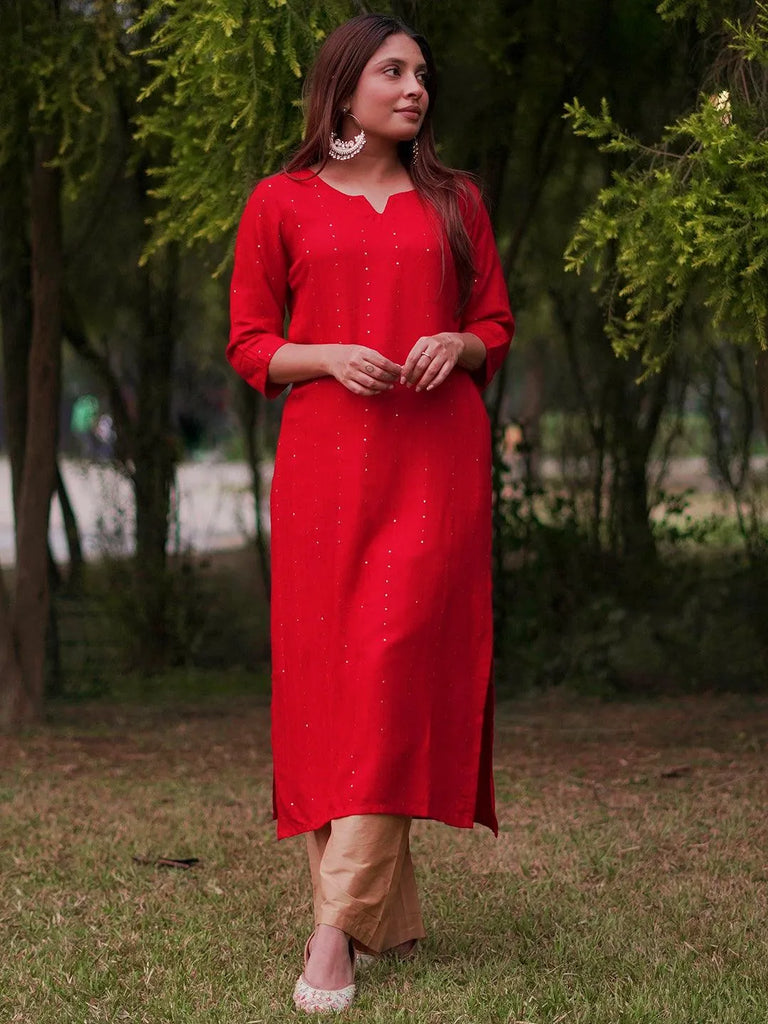 Libas Red Embroidered Rayon Straight Kurta