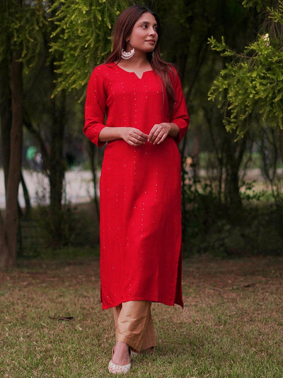Red Embroidered Rayon Straight Kurta - Libas