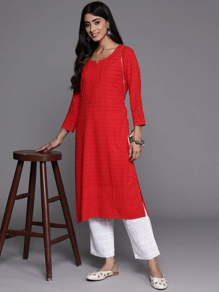 Red Embroidered Rayon Straight Kurta - Libas