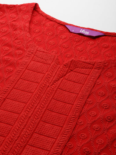 Red Embroidered Rayon Straight Kurta - Libas