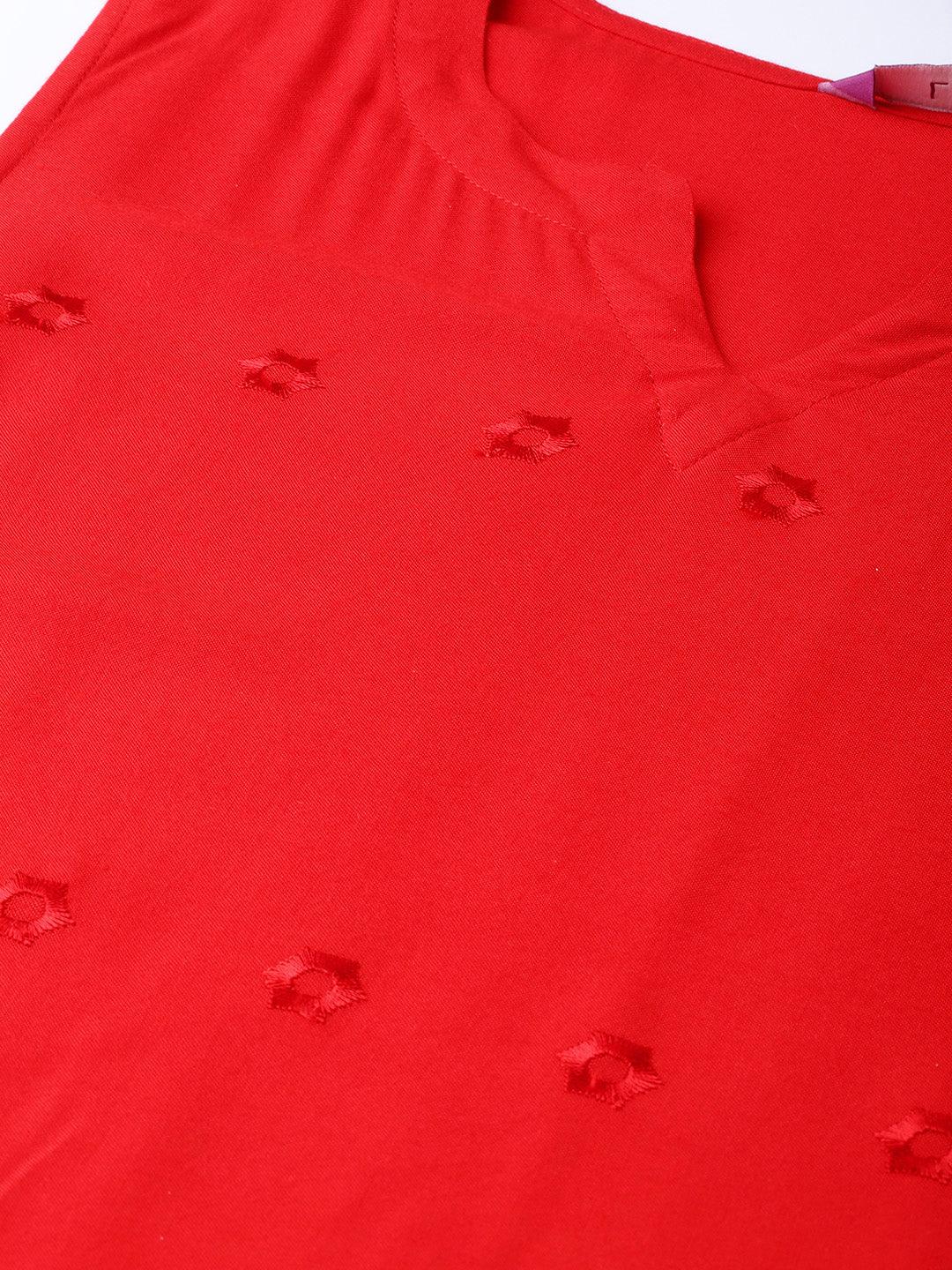 Red Embroidered Rayon Kurta Set - Libas