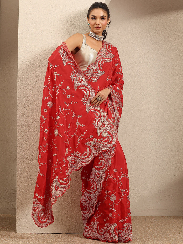 Libas Red Embroidered Silk Blend Saree With Unstitched Blouse Piece