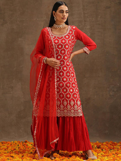 Red Embroidered Silk Blend Straight Suit Set With Sharara - Libas