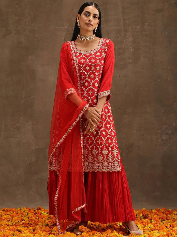 Red Embroidered Silk Blend Straight Suit Set With Sharara - Libas