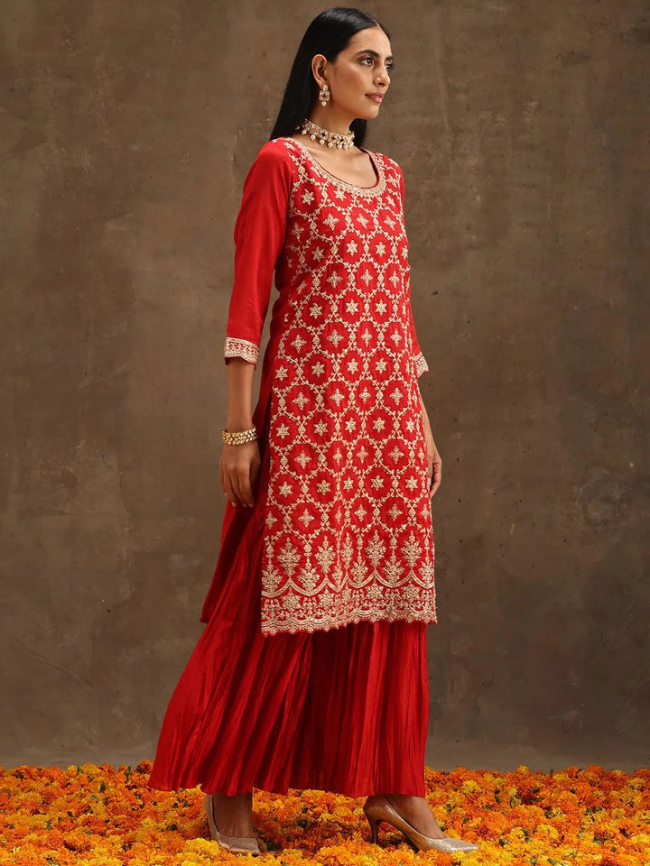 Red Embroidered Silk Blend Straight Suit Set With Sharara - Libas