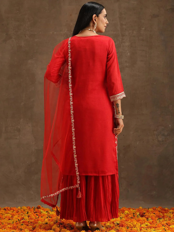 Red Embroidered Silk Blend Straight Suit Set With Sharara - Libas