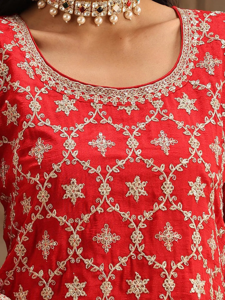 Red Embroidered Silk Blend Straight Suit Set With Sharara - Libas