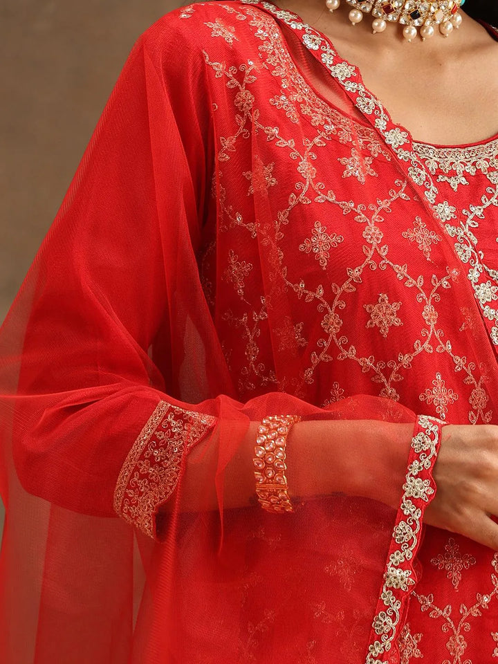 Red Embroidered Silk Blend Straight Suit Set With Sharara - Libas
