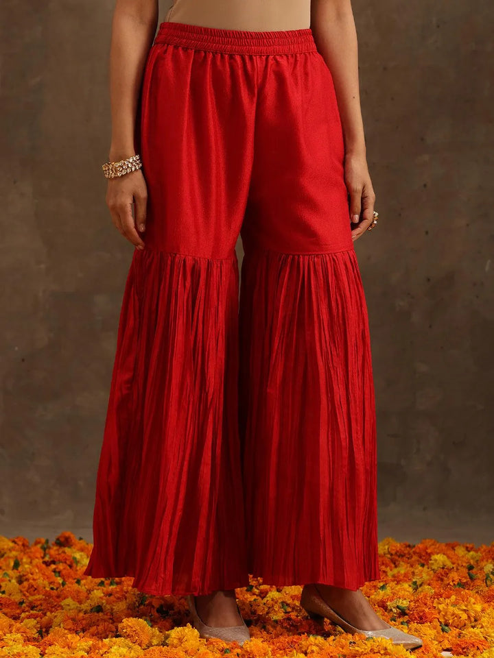 Red Embroidered Silk Blend Straight Suit Set With Sharara - Libas