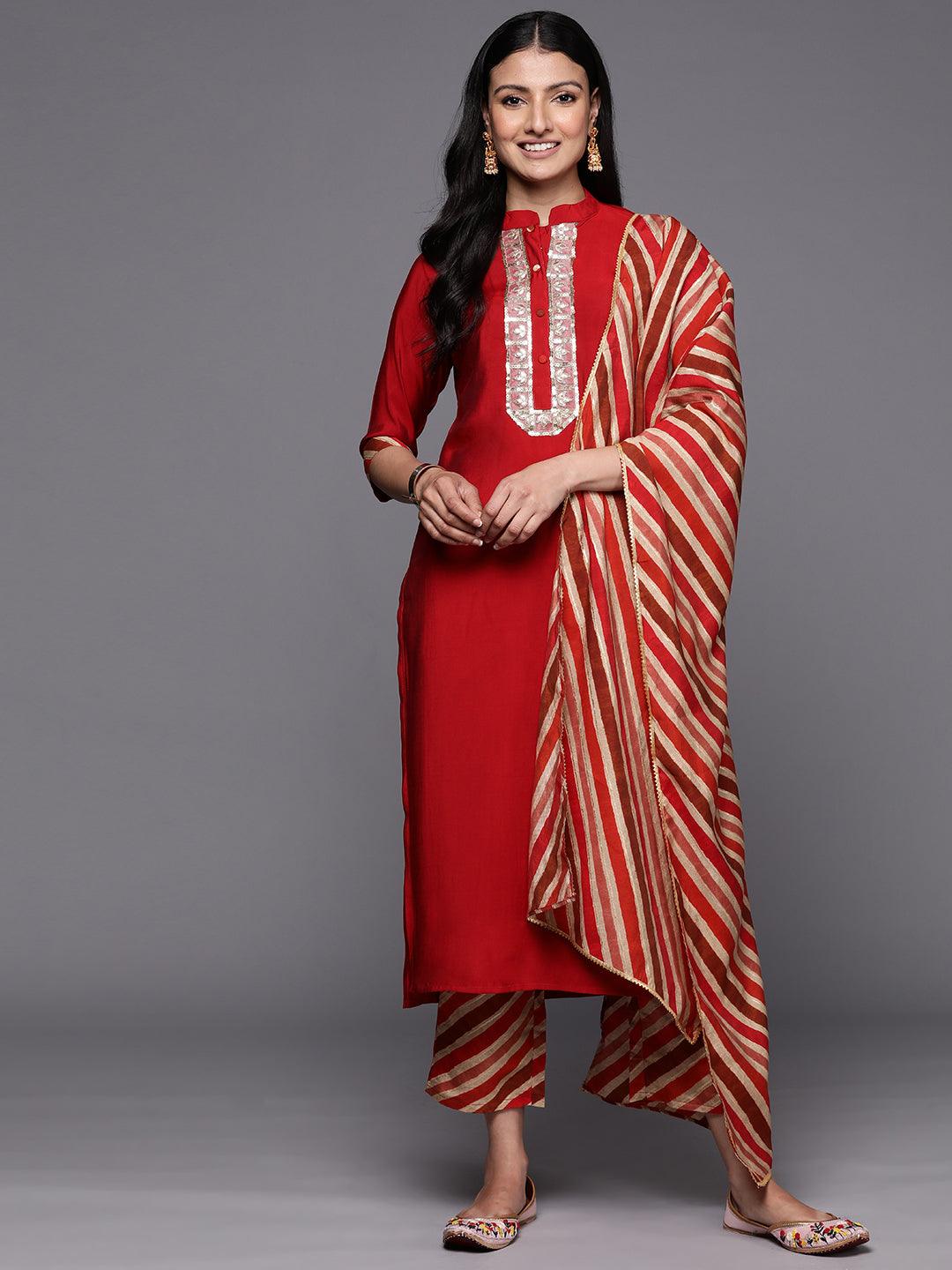 Red Embroidered Silk Blend Straight Kurta With Trousers & Dupatta