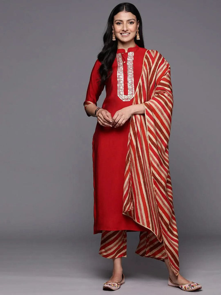 Libas Red Embroidered Silk Blend Straight Kurta With Trousers & Dupatta
