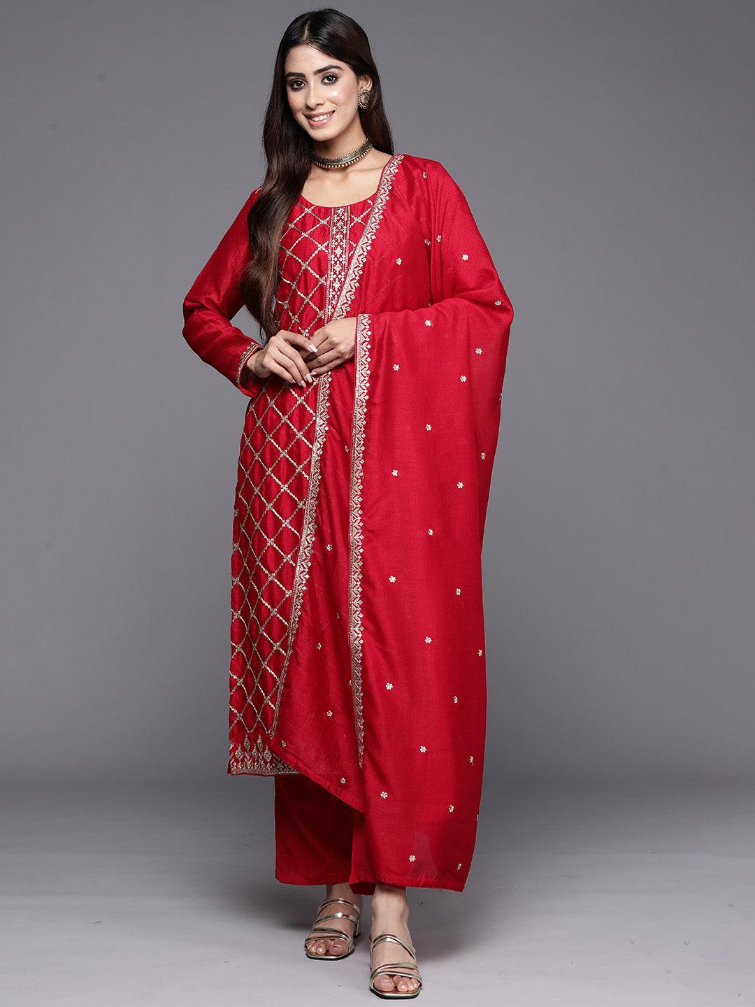 Red Embroidered Silk Blend Straight Kurta With Trousers & Dupatta - Libas