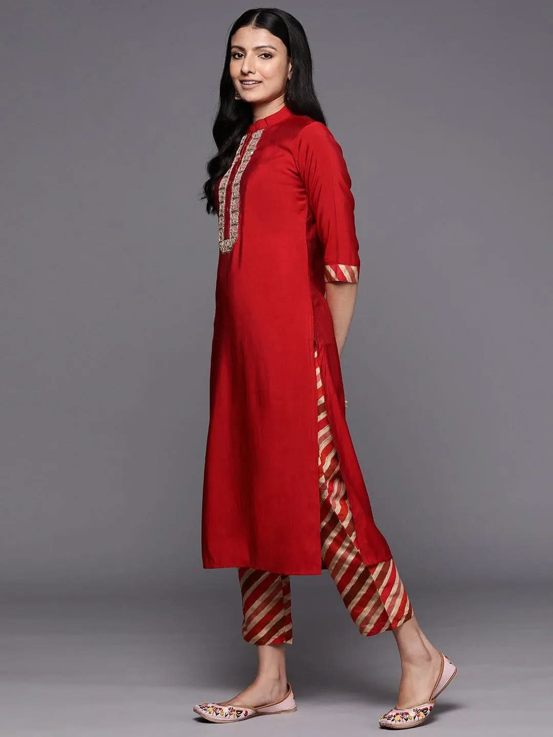 Red Embroidered Silk Blend Straight Suit Set With Trousers - Libas 