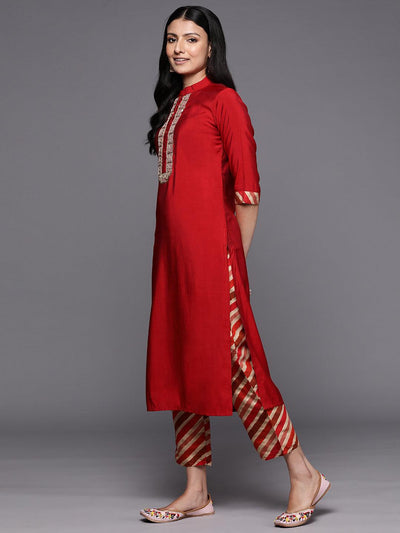 Red Embroidered Silk Blend Straight Suit Set With Trousers - Libas