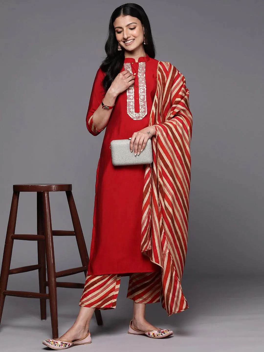 Red Embroidered Silk Blend Straight Suit Set With Trousers - Libas 