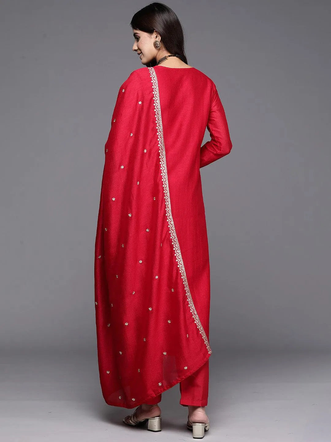 Red Embroidered Silk Blend Straight Kurta With Trousers & Dupatta - Libas 