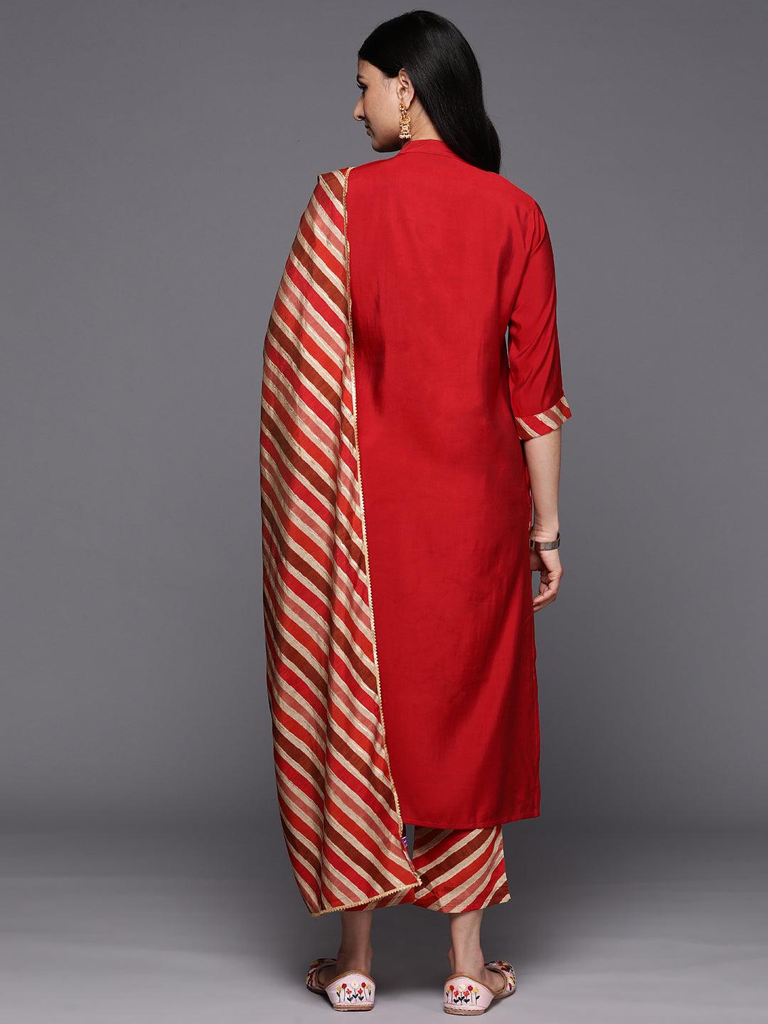 Red Embroidered Silk Blend Straight Kurta With Trousers & Dupatta