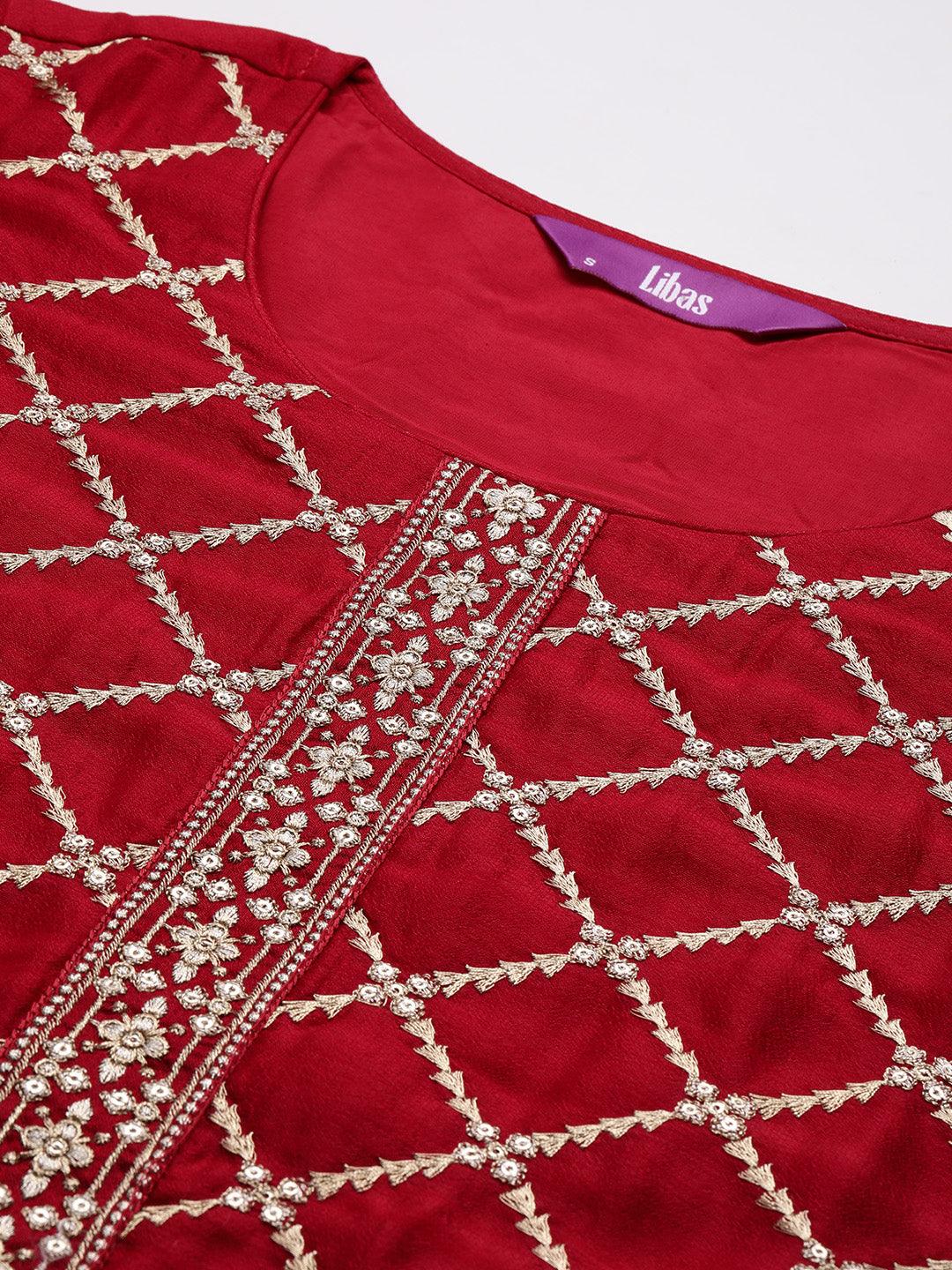 Red Embroidered Silk Blend Straight Kurta With Trousers & Dupatta - Libas