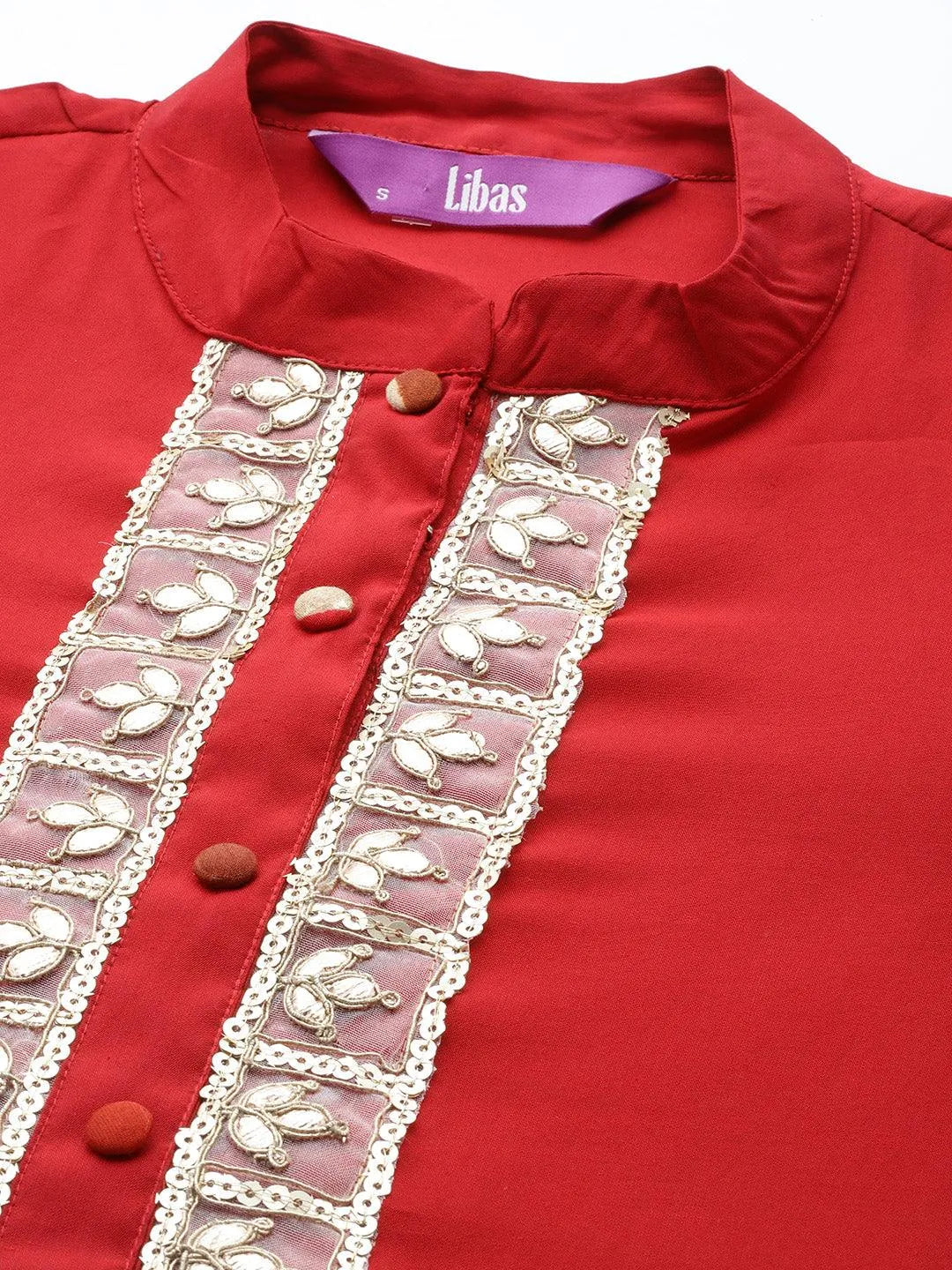 

Red Embroidered Silk Blend Straight Kurta With Trousers & Dupatta