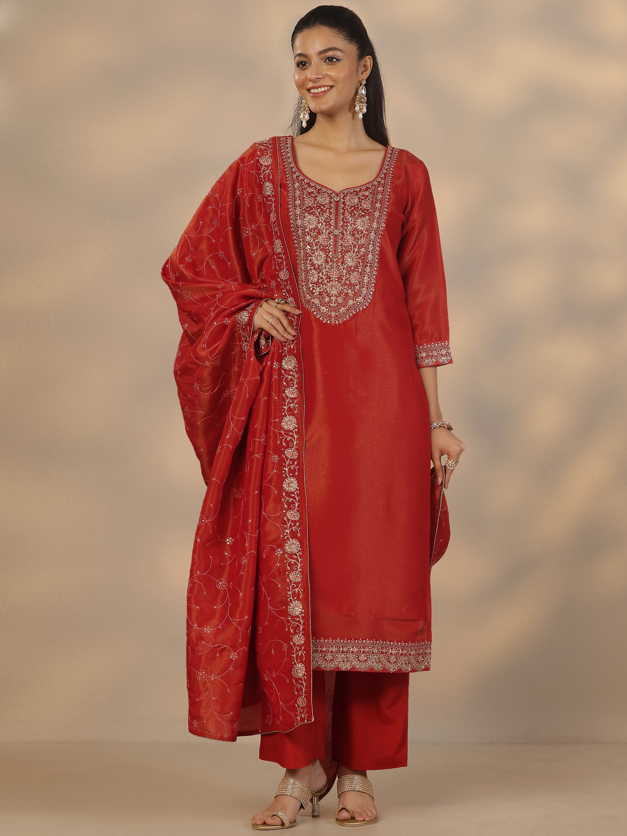 libas Red Embroidered Silk Blend Straight Suit Set With Dupatta-picture-31