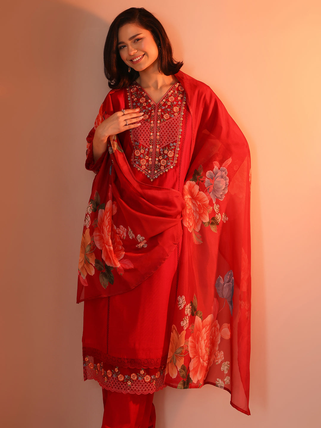 Red Embroidered Silk Blend Straight Suit Set With Dupatta