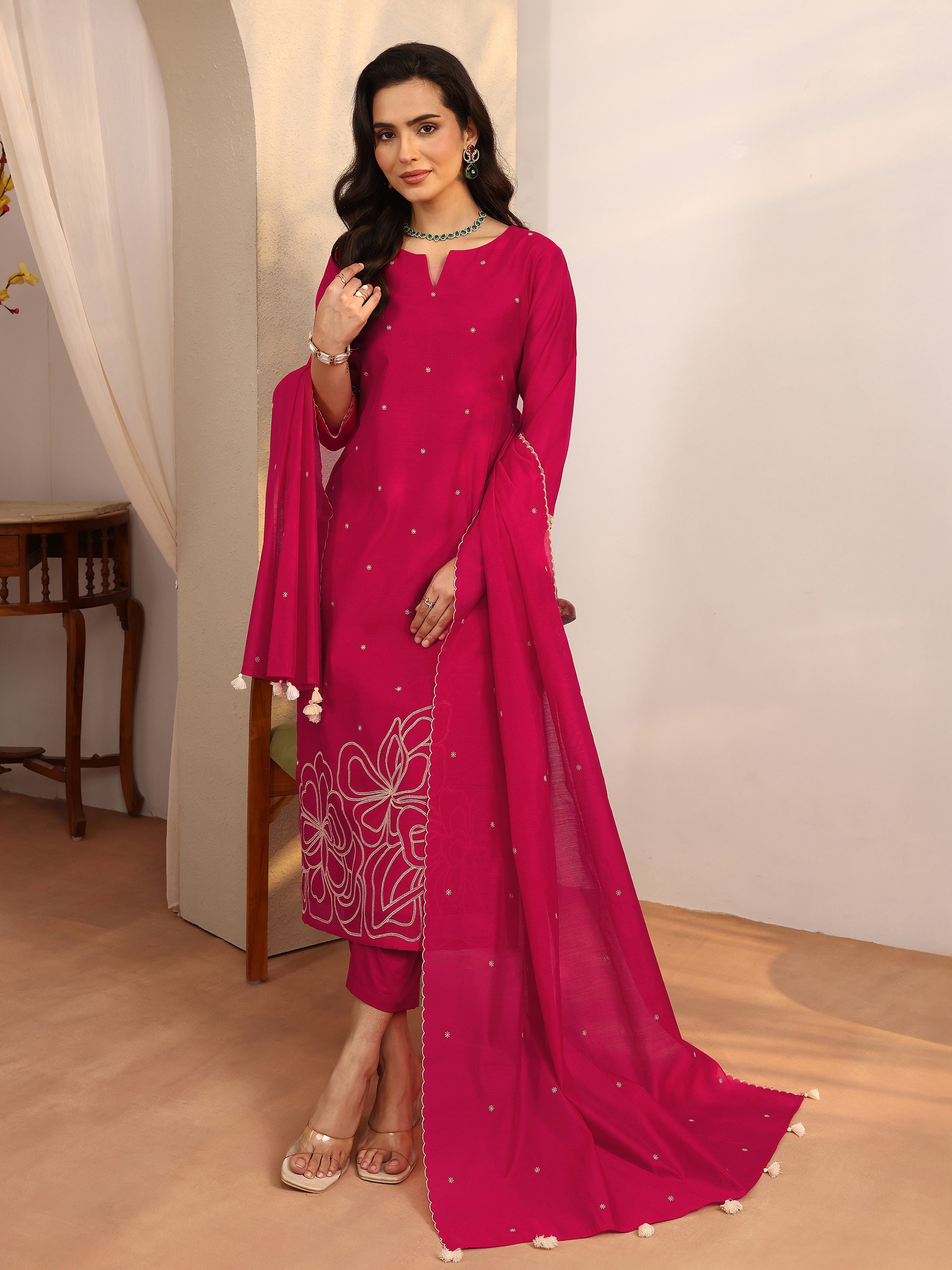 libas Red Embroidered Silk Blend Straight Suit Set With Dupatta-picture-22