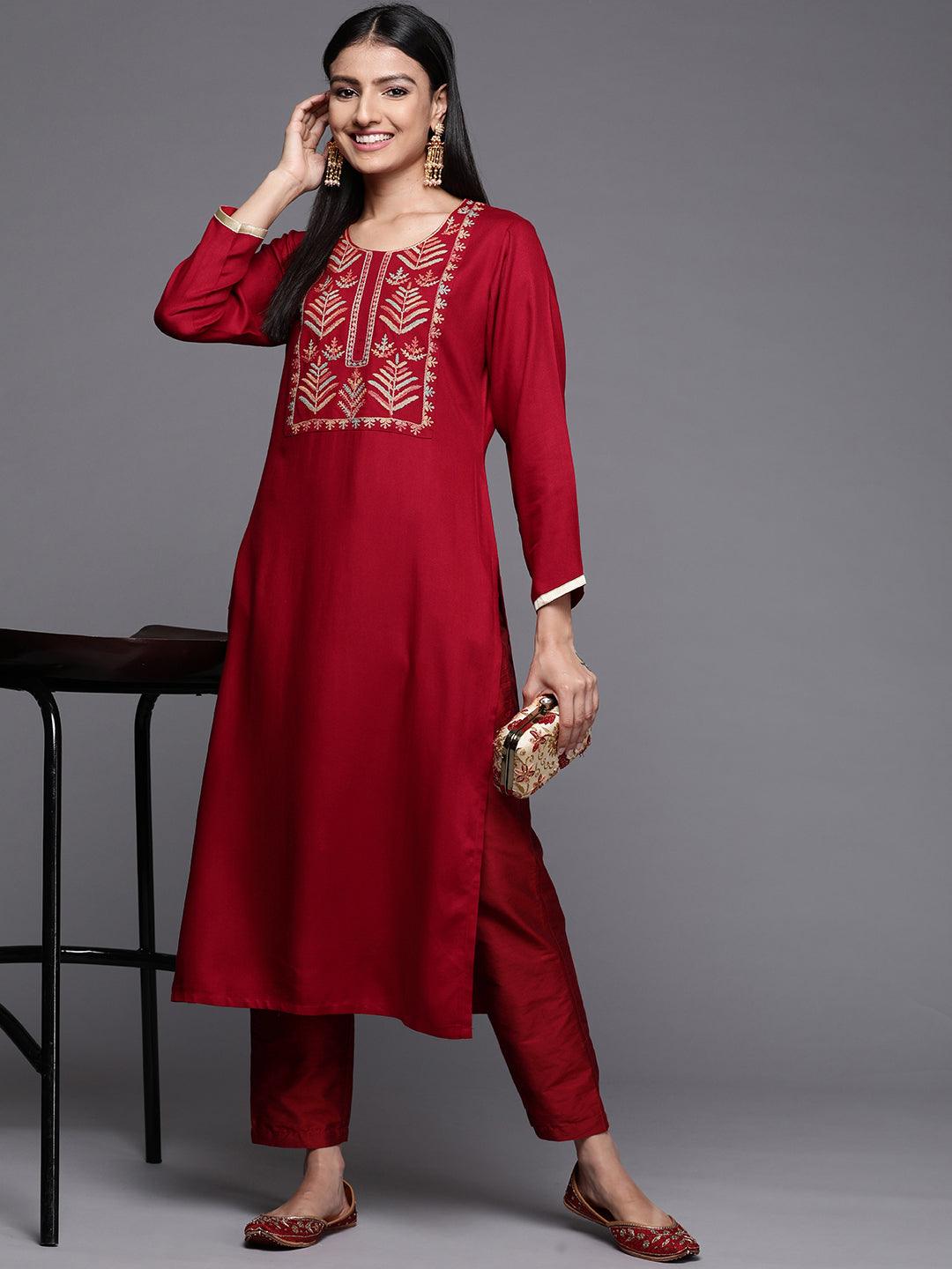 Red Embroidered Wool Pashmina Straight Kurta - Libas