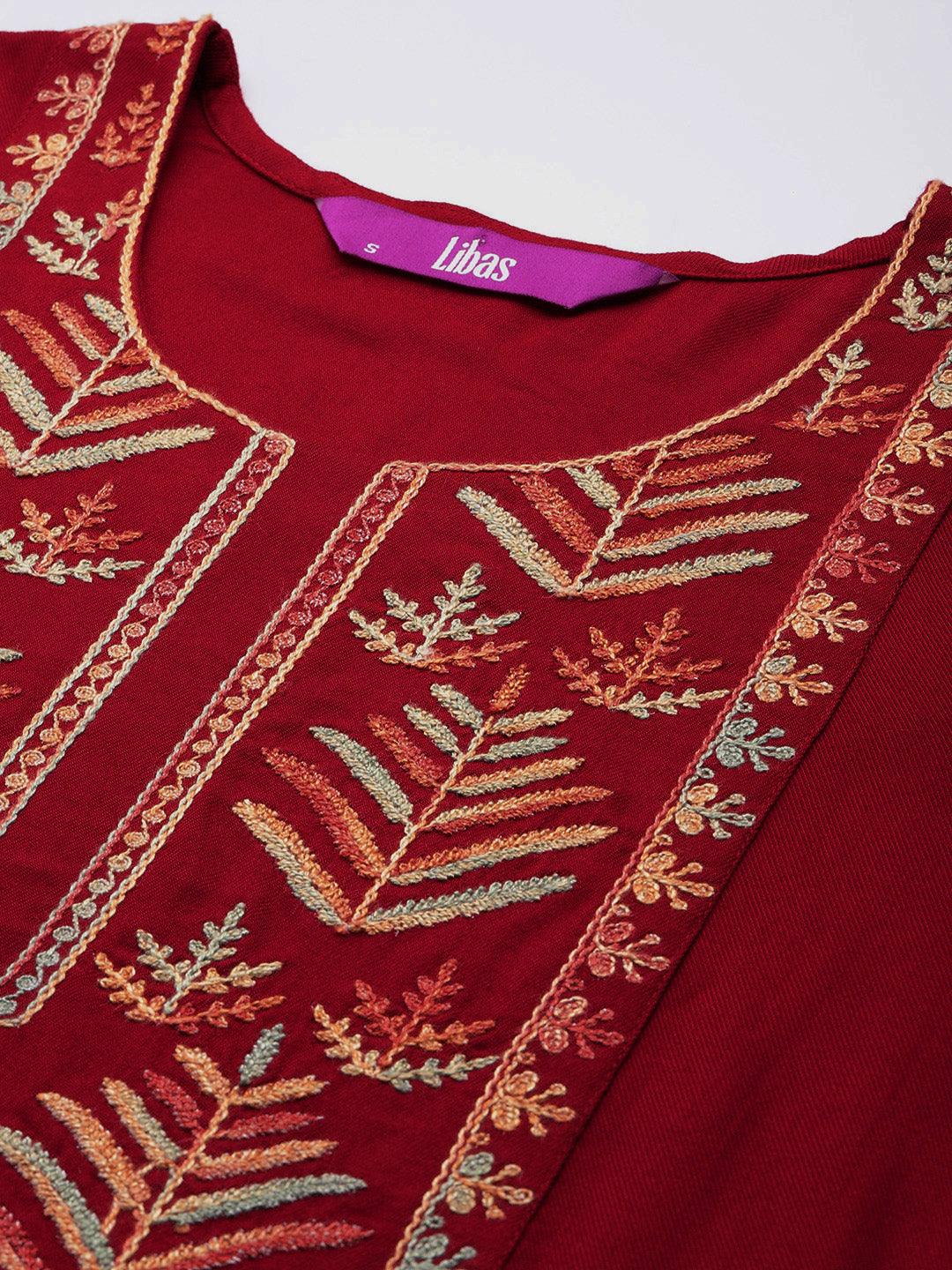 Red Embroidered Wool Pashmina Straight Kurta - Libas