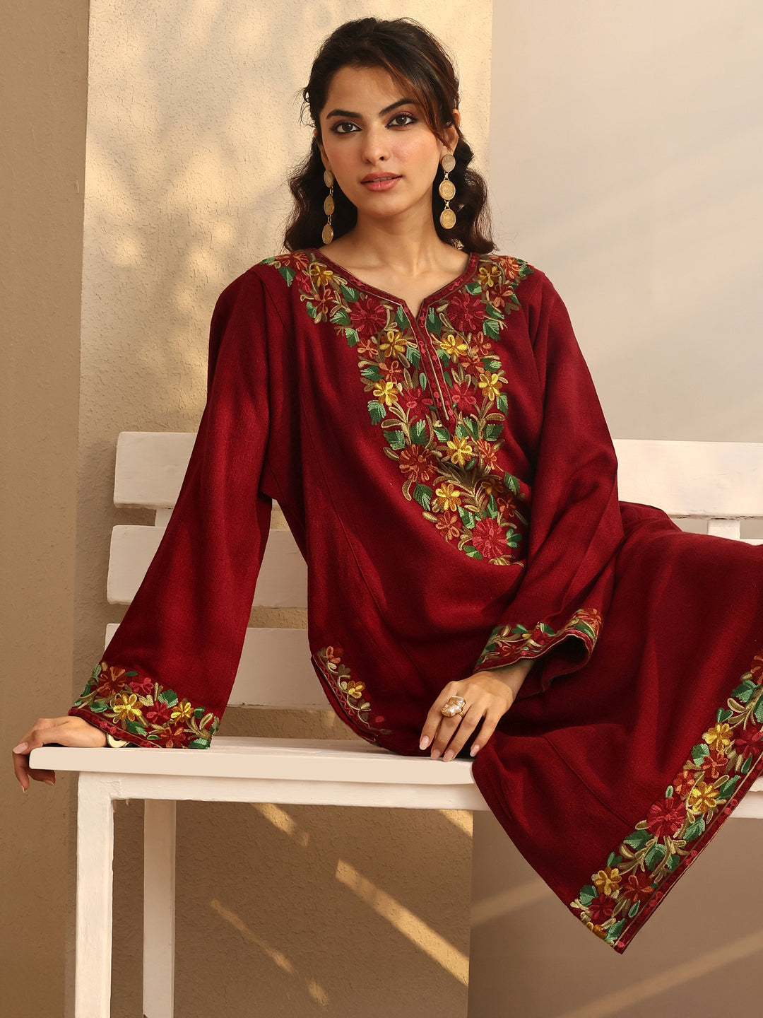 Red Embroidered Wool Straight Kurta