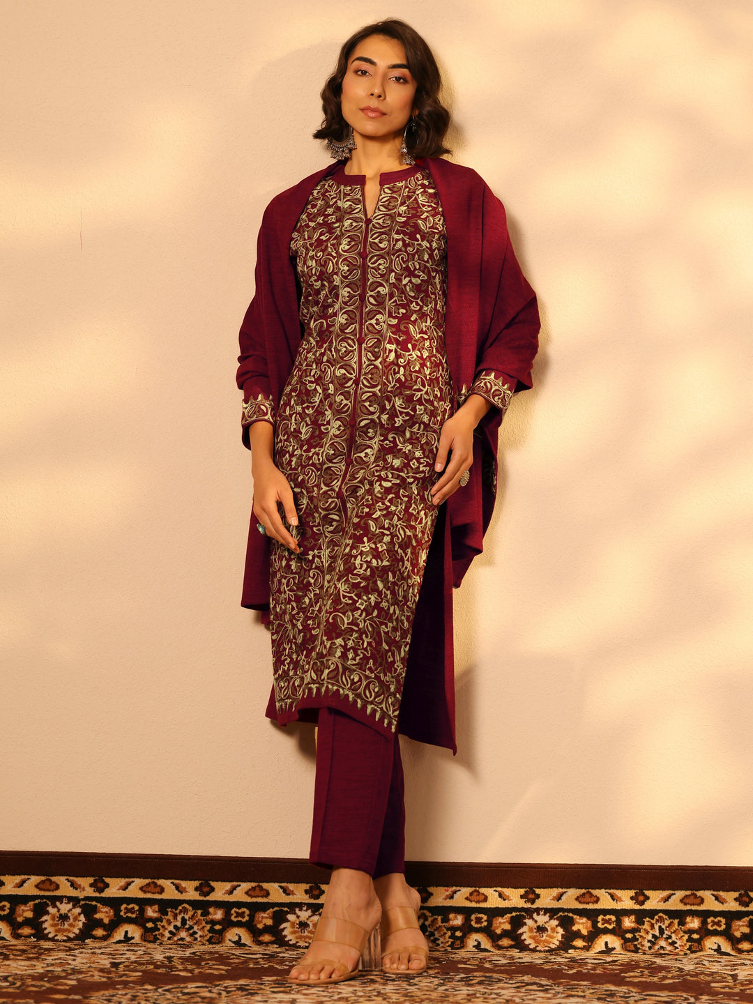 Red Embroidered Wool Straight Suit Set With Dupatta