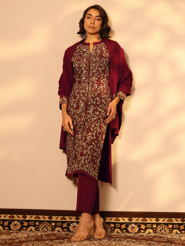 Libas Red Embroidered Wool Straight Suit Set With Dupatta