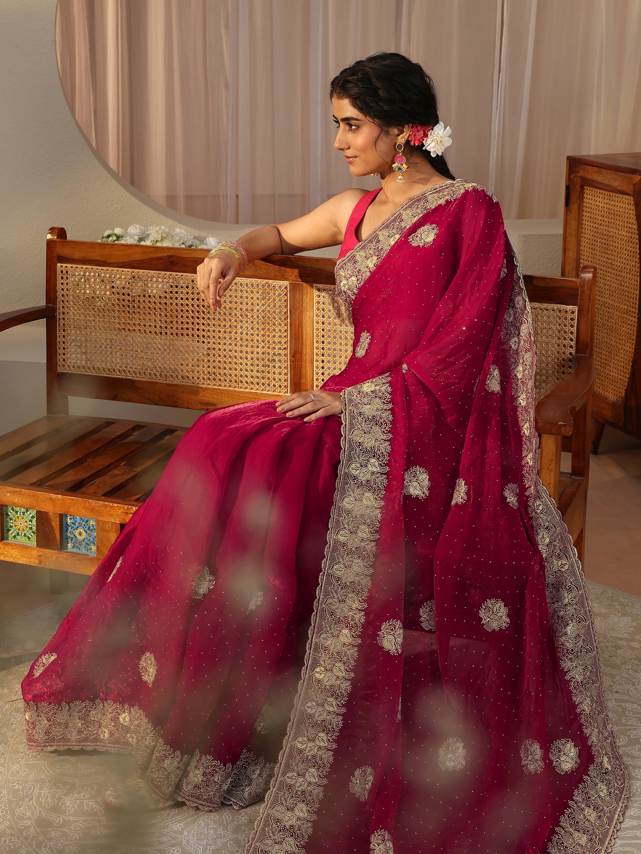 libas Red Ethnic Embellished Tissue Saree-picture-14