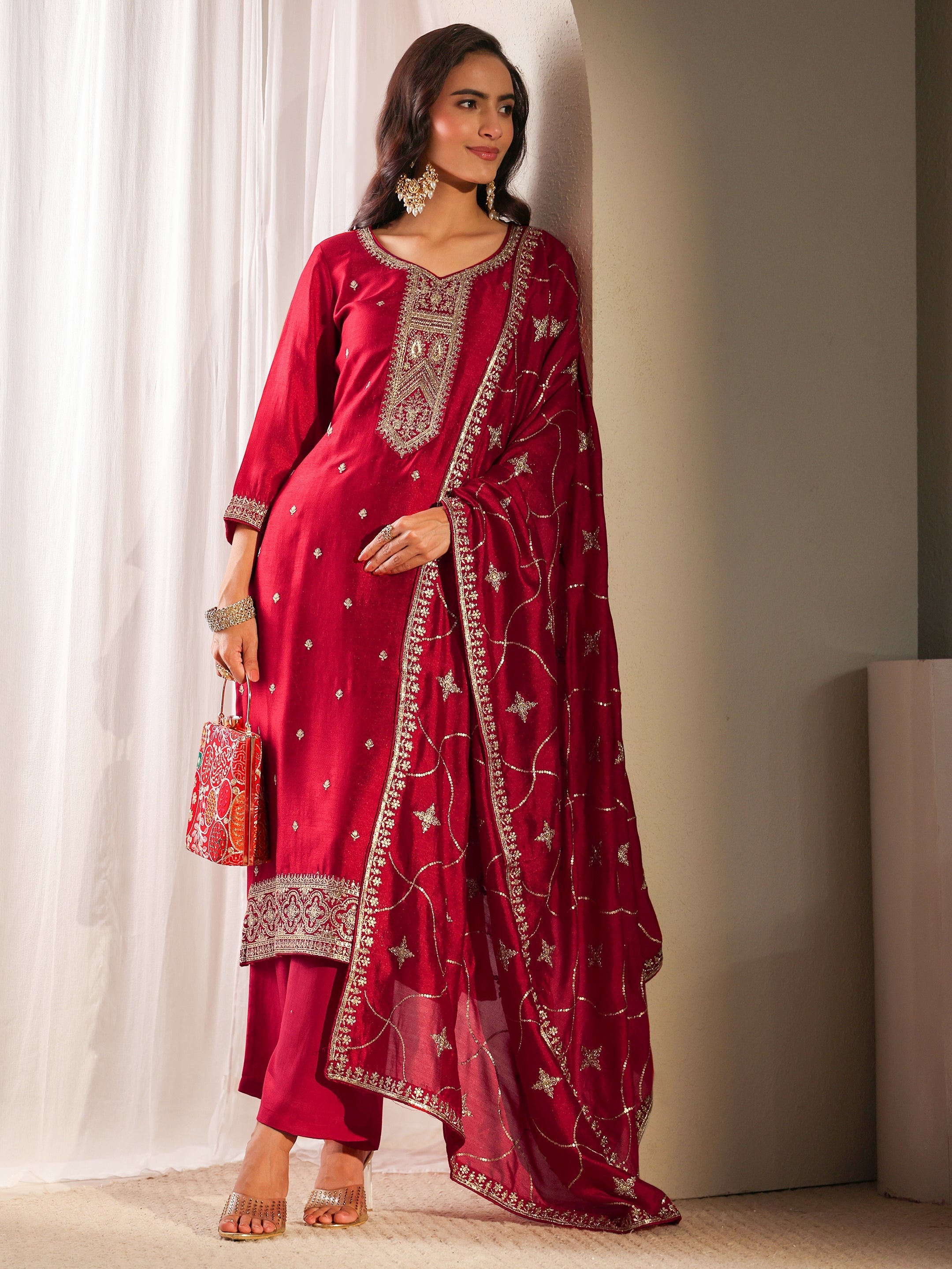 libas Red Ethnic Embroidered Silk Blend Straight Suit Set With Dupatta-picture-34