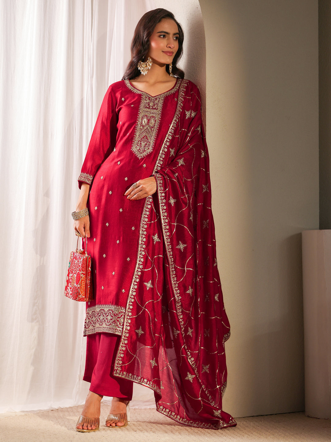  Red Ethnic Embroidered Silk Blend Straight Suit Set With Dupatta 