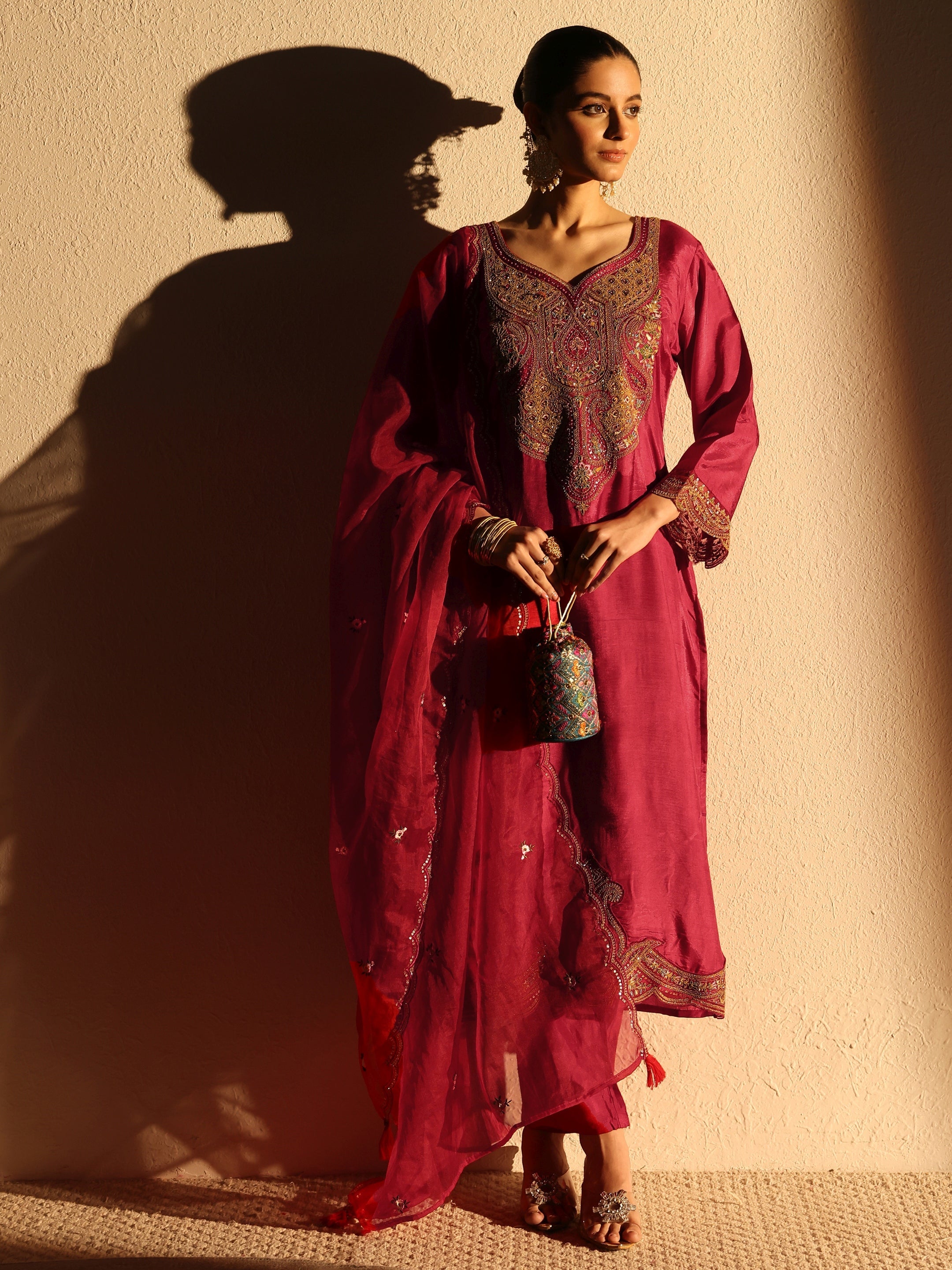 libas Red Ethnic Embroidered Silk Blend Straight Suits Set With Dupatta-picture-33
