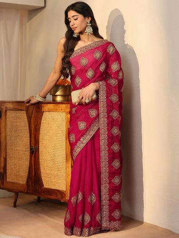 Red Ethnic Embroidered Tissue Saree